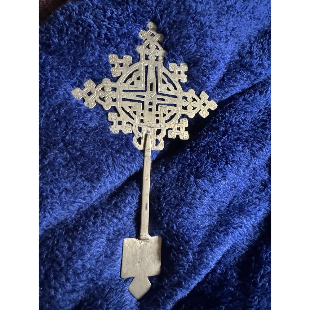 Ethiopian Coptic Brass Cross Vintage Orthodox Processional Altar Art 12x6.5 Inch